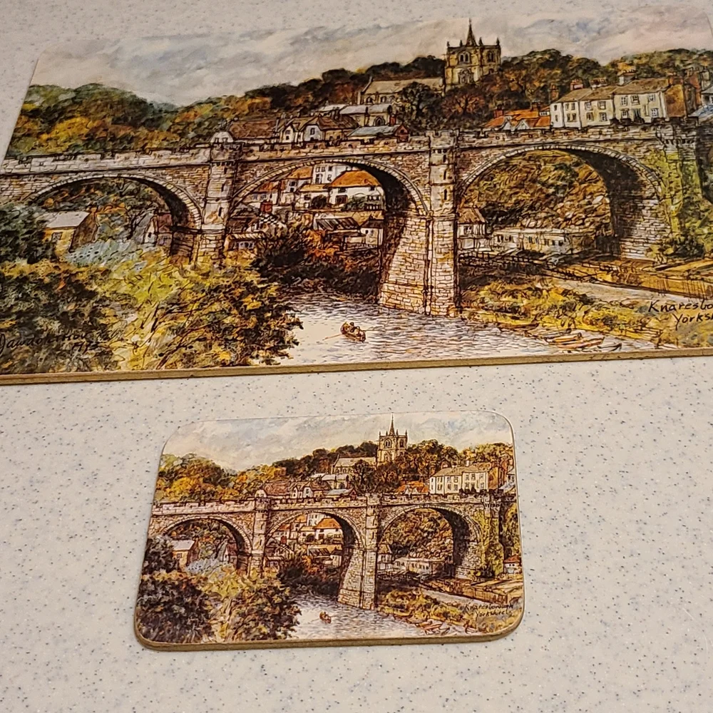 Scenic Bridge Design Dinning Place Setting With Matching Coaster Set